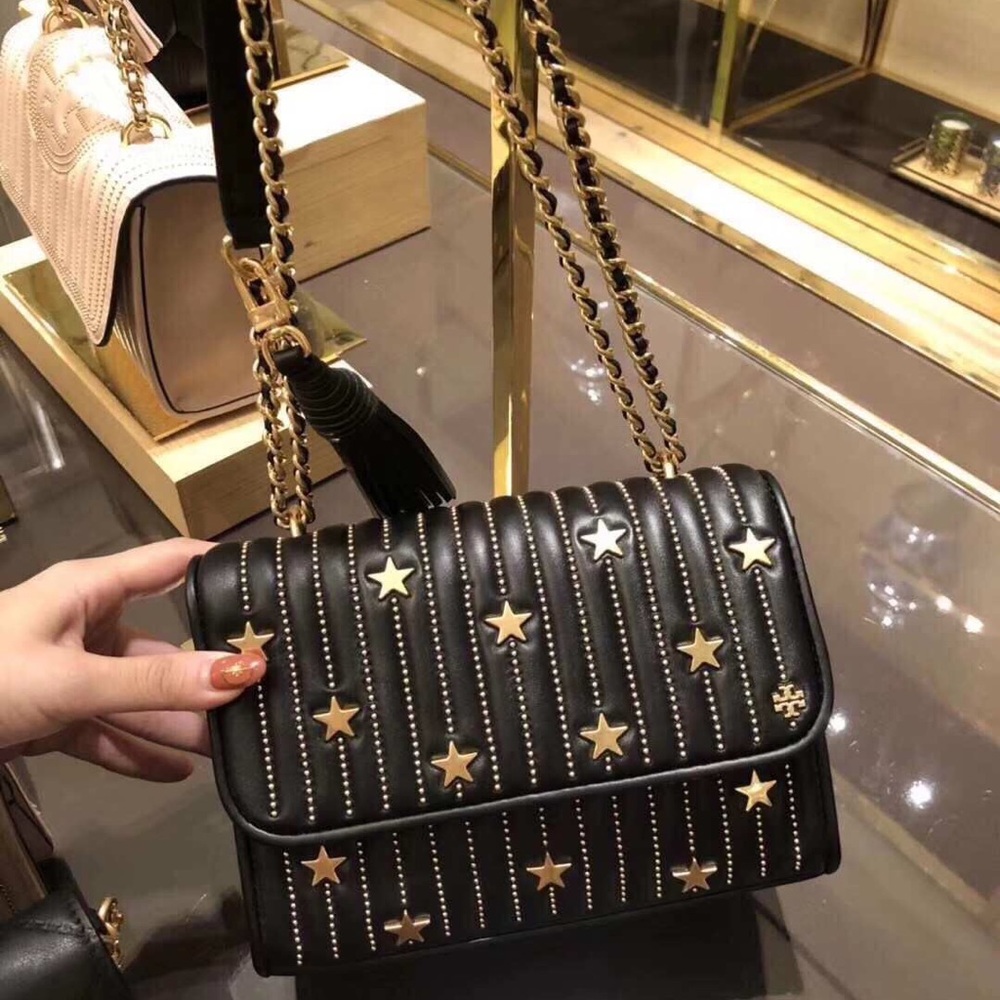New Tory Burch Star stud shoulder bag chain, black lamb leather